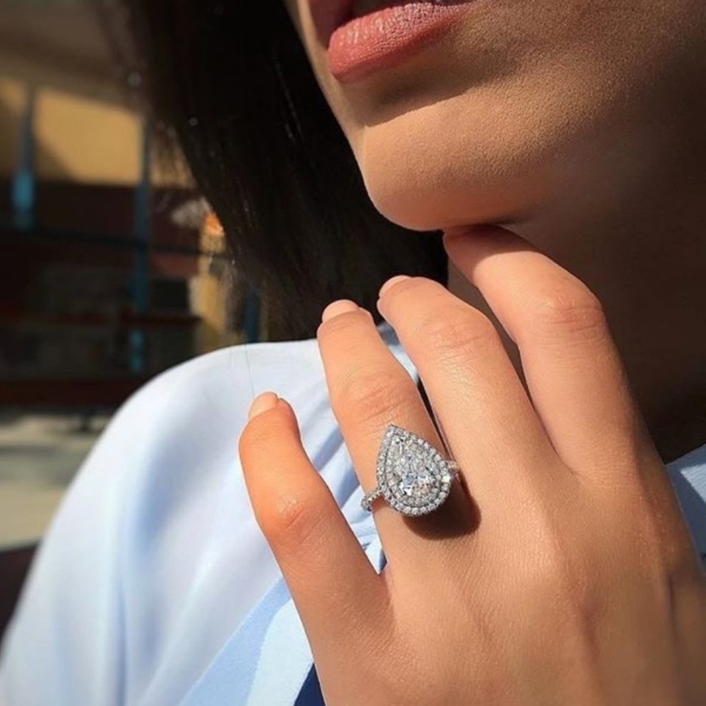 💍925 SILVER PEAR CUT TEARDROP DIAMOND HALO RING💍